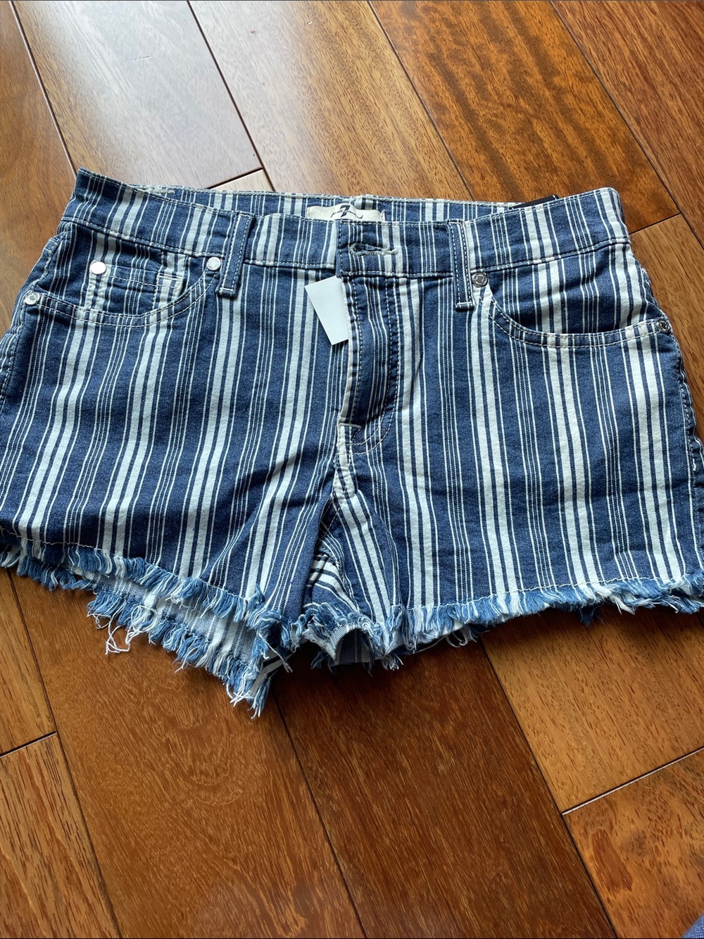 7 For All Mankind Navy and White Striped Denim Cutoff Shorts